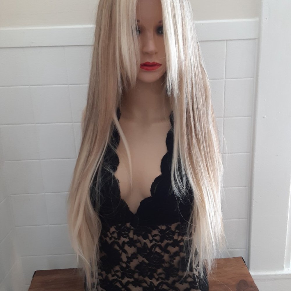 Blonde and ash blonde mix lace front wig straight  money piece hair highlights, - Picture 10 of 11